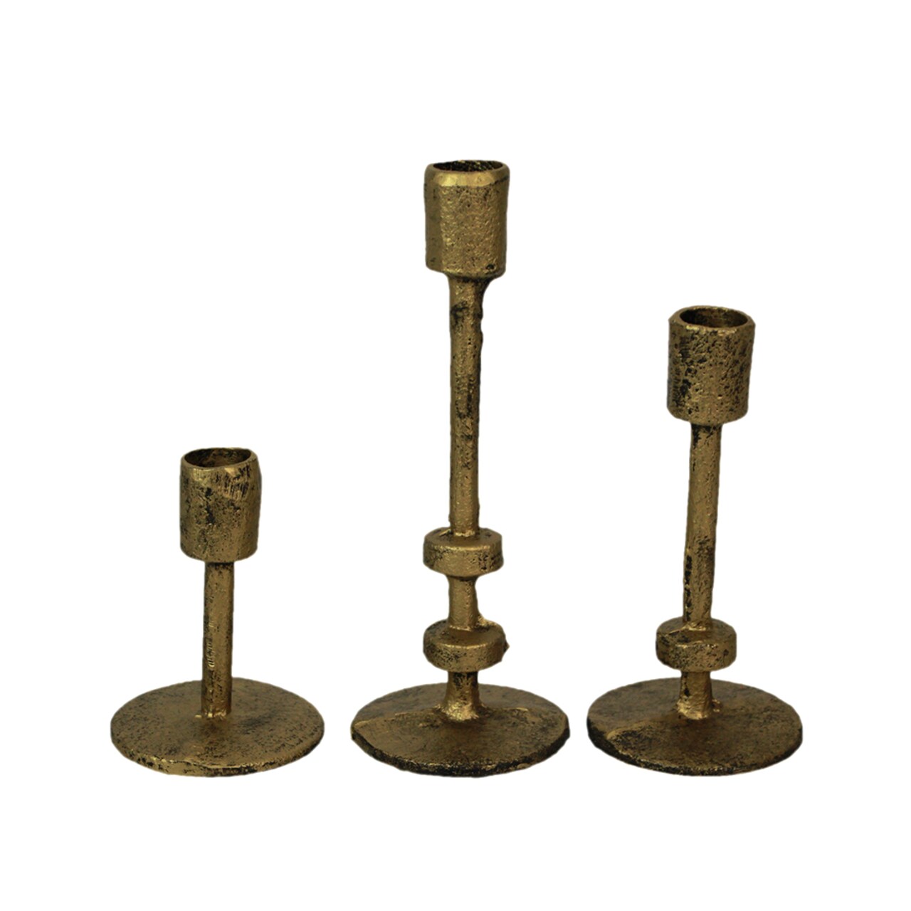 Set of 3 Aged Bronze Cast Iron Taper Candle Holders MCM, Gothic Industrial Decor